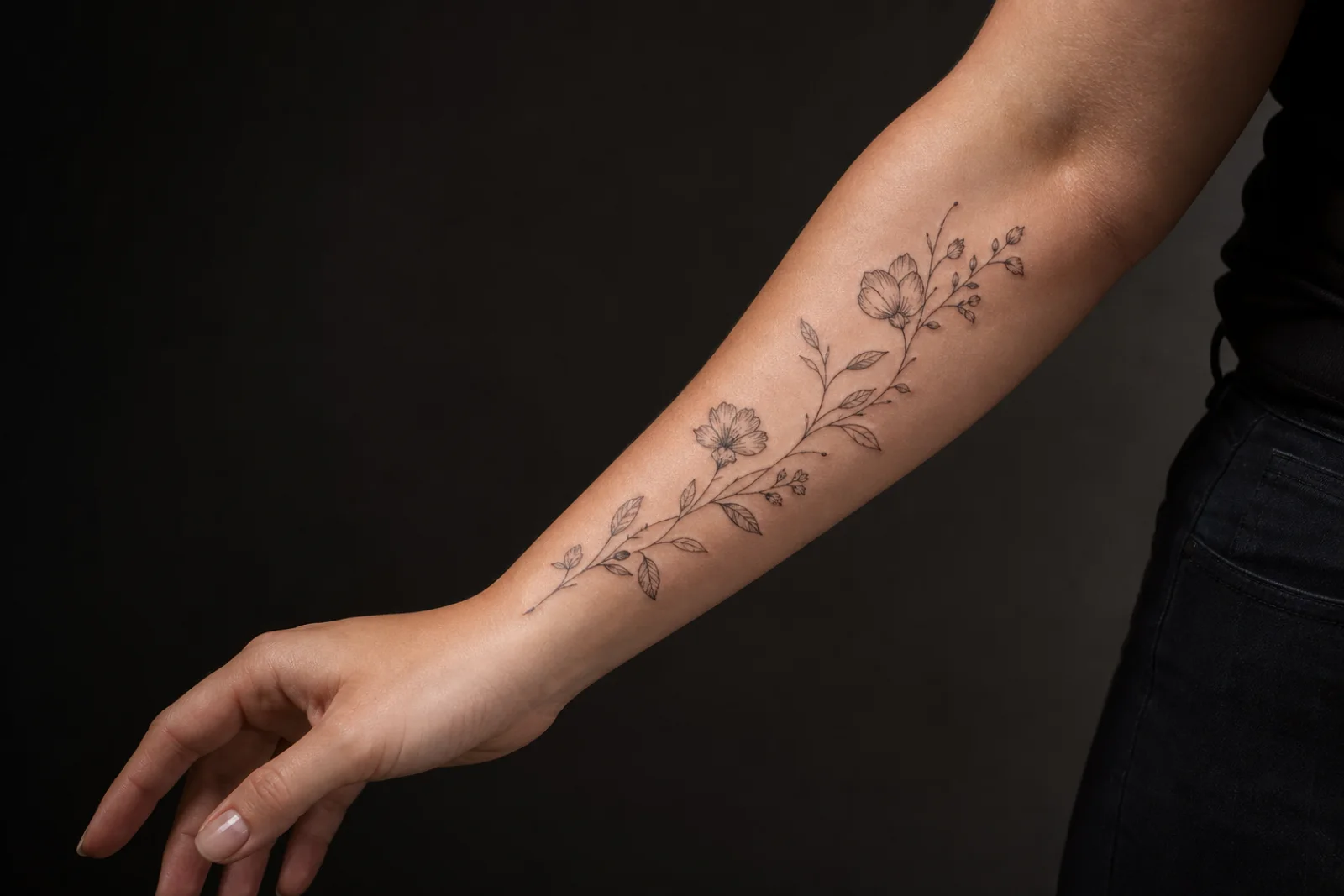 Fine line botanical tattoo on a forearm